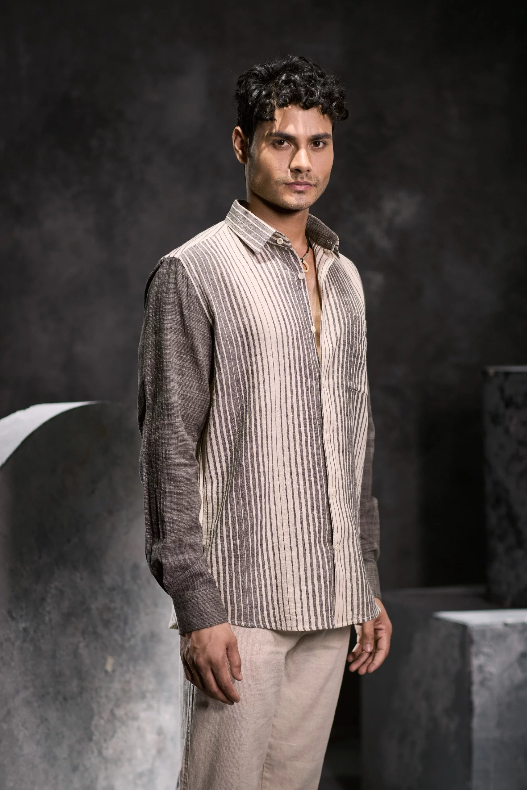 OPTICAL STRIPED ORGANIC KALA COTTON SHIRT