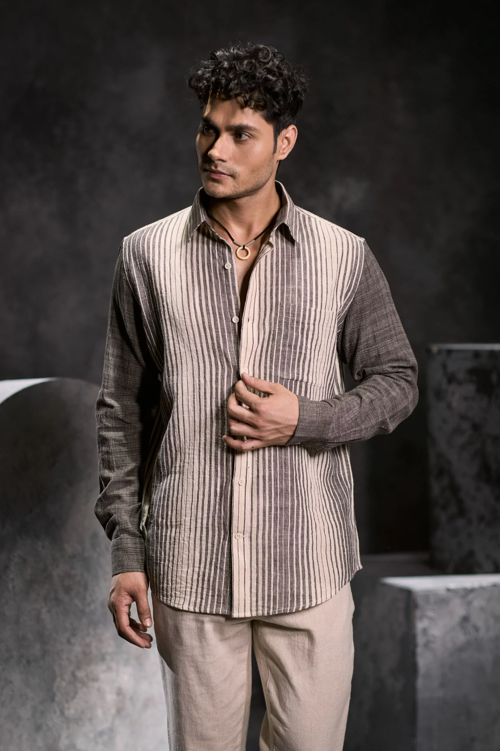 OPTICAL STRIPED ORGANIC KALA COTTON SHIRT - Image 2